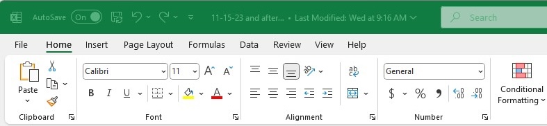 the home tab of the excel ribbon in windows