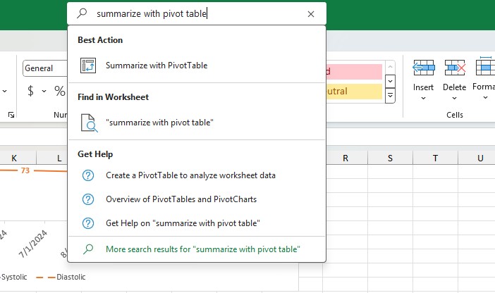 using the search box in excel to find pivot table commands