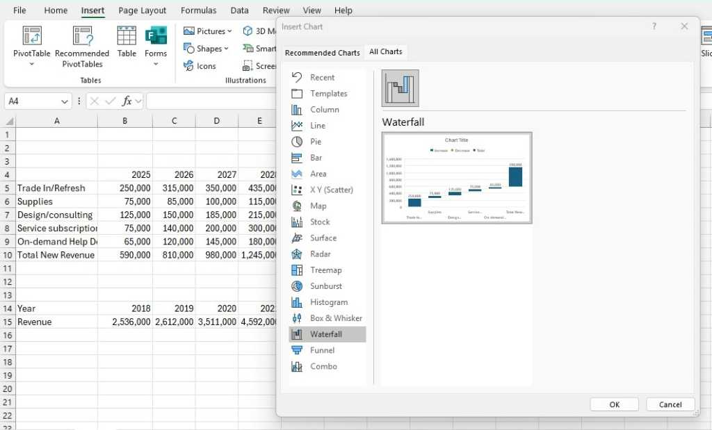 inserting a waterfall chart in excel
