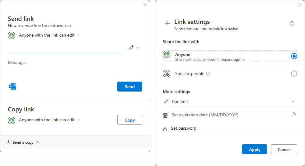 two screens for sharing a spreadsheet in excel