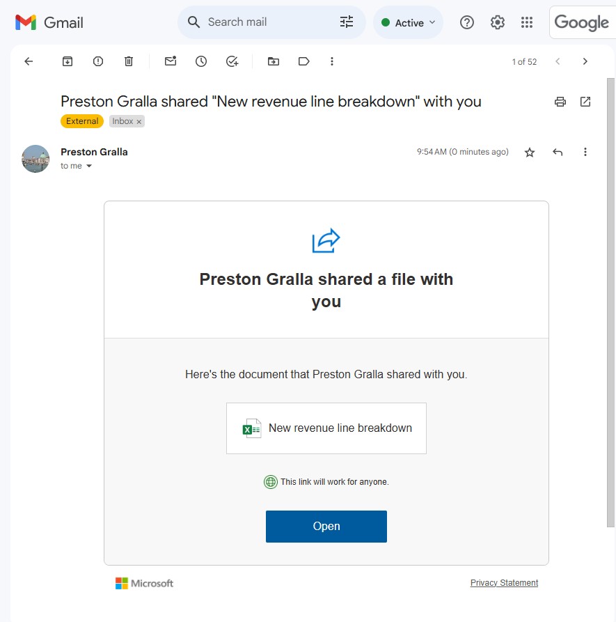 email saying an excel file has been shared with you