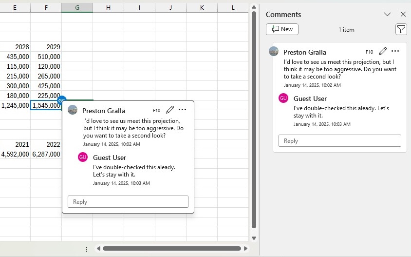 excel sheet showing inline comments and comments pane on right