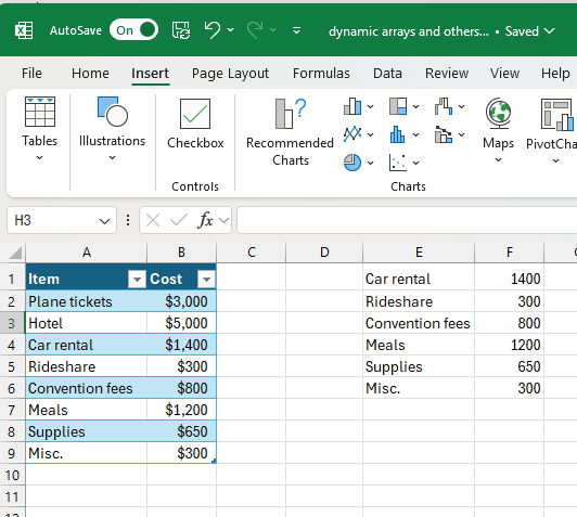 spreadsheet with source data on left and dynamic array based on it on right
