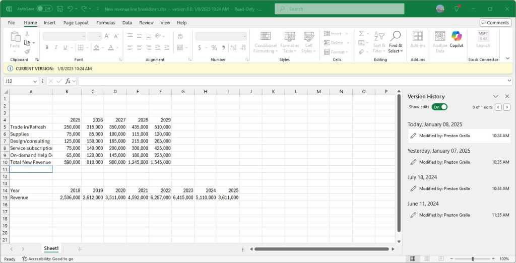 version history pane listing several saved versions of spreadsheet
