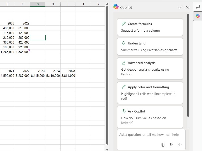 copilot panel with suggestions to right of main excel screen