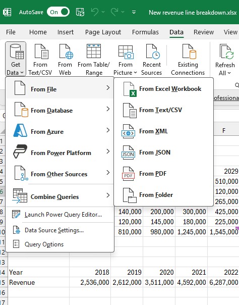get data menu in excel offering several sources to pull data from