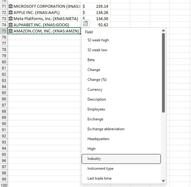 linked data - stock prices - in an excel spreadsheet