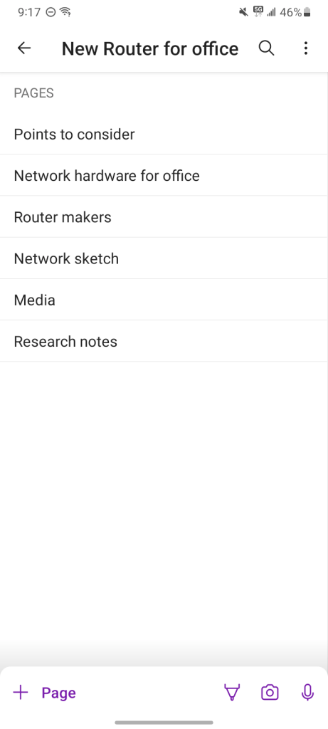 onenote android app showing pages database and caller page link