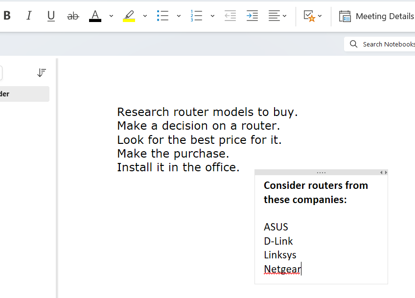 two text frames on a page in onenote windows app