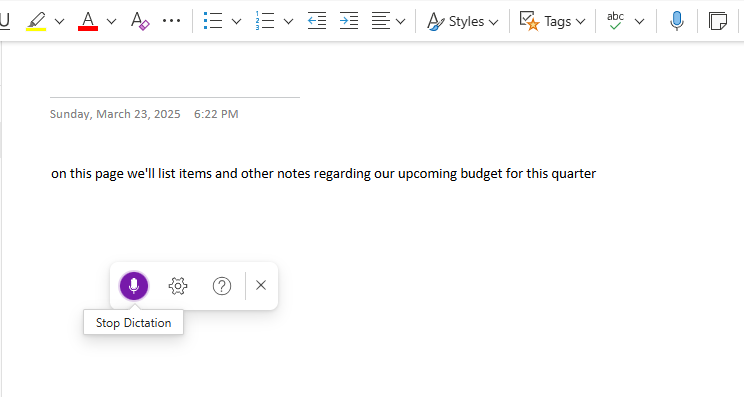 dictated text on a page with dictation toolbar in windows onenote app