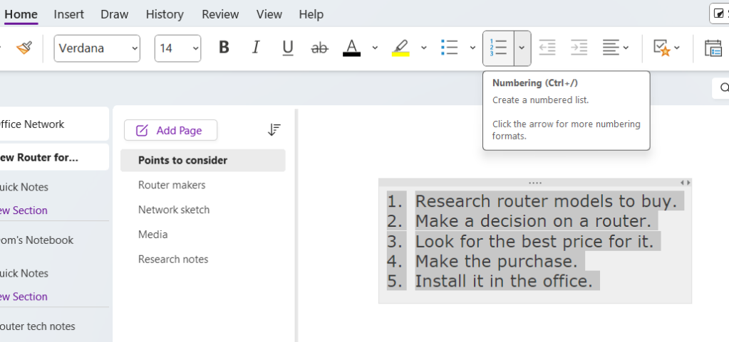 selected text formatted as numbered list on a page in onenote for windows