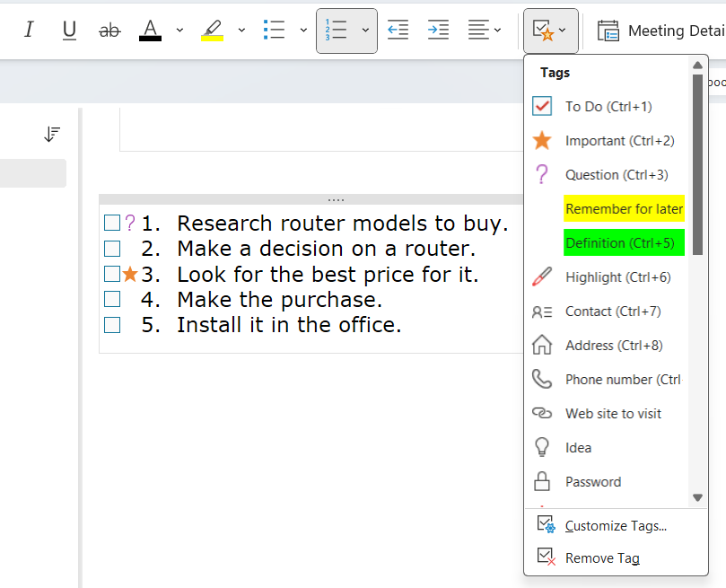 list of tags and other formatting to add to text in onenote in windows