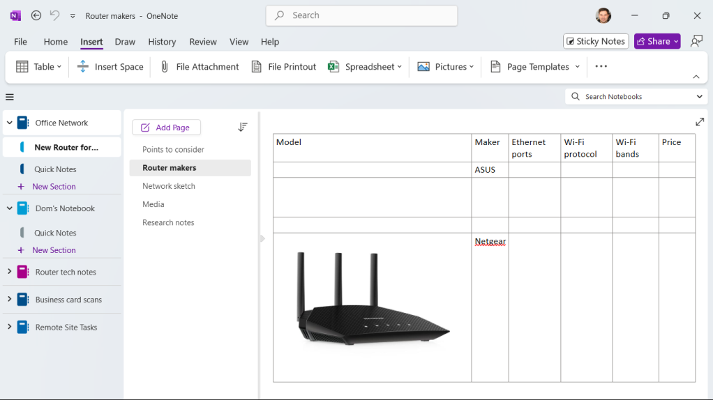 a table containing text and an image on a page in onenote windows app