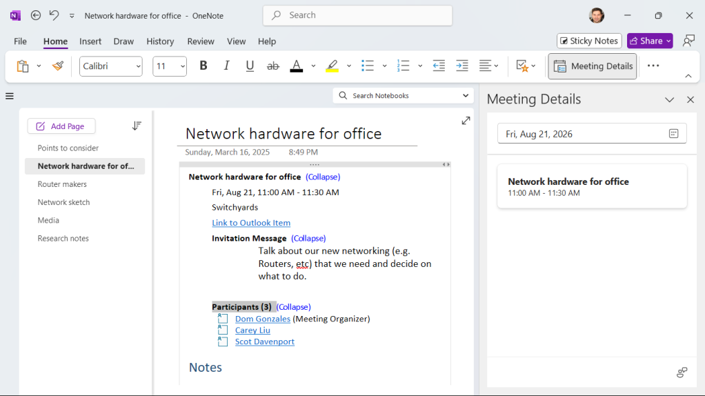 adding meeting details from outlook to a note in windows onenote app
