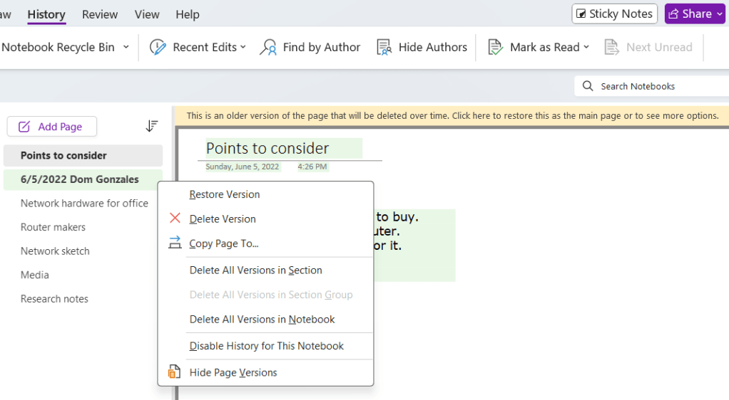 older version of onenote page with context menu for restoring this version in windows onenote app