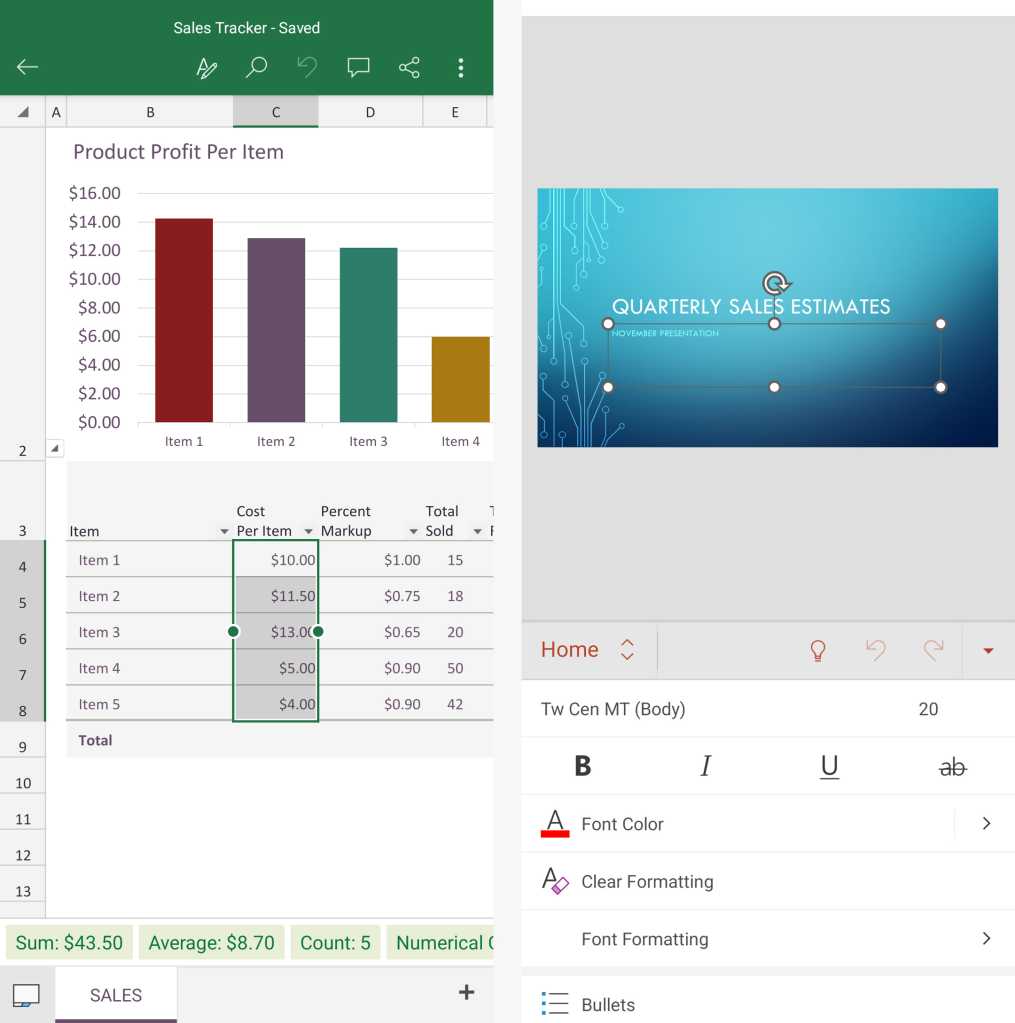 screens from microsoft excel and powerpoint android apps