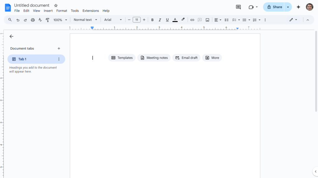 New blank document interface in Google Docs