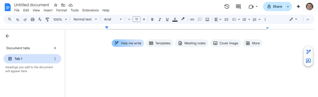 New Google Doc with Gemini-powered quick start buttons
