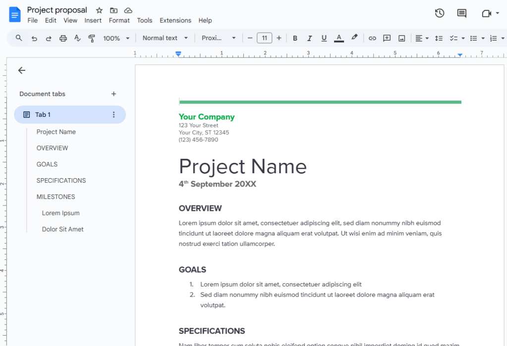document tabs sidebar in google docs showing shortcuts for headings in document
