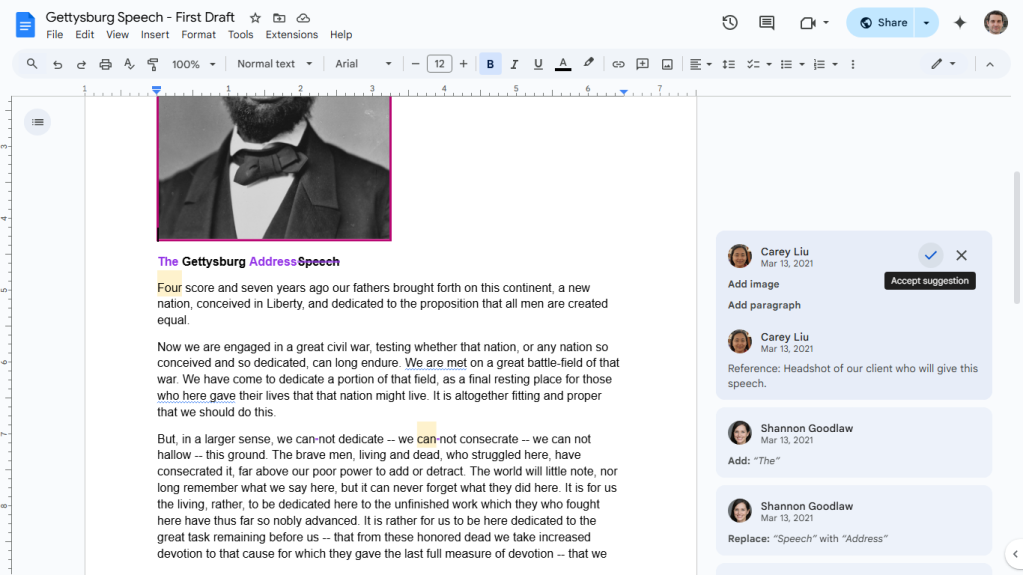 shared document with collaborators using suggesting mode with revision markup and comment cards