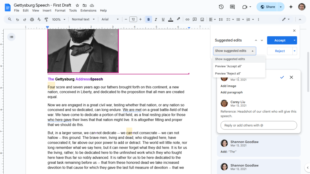 reviewing suggested changes in google docs