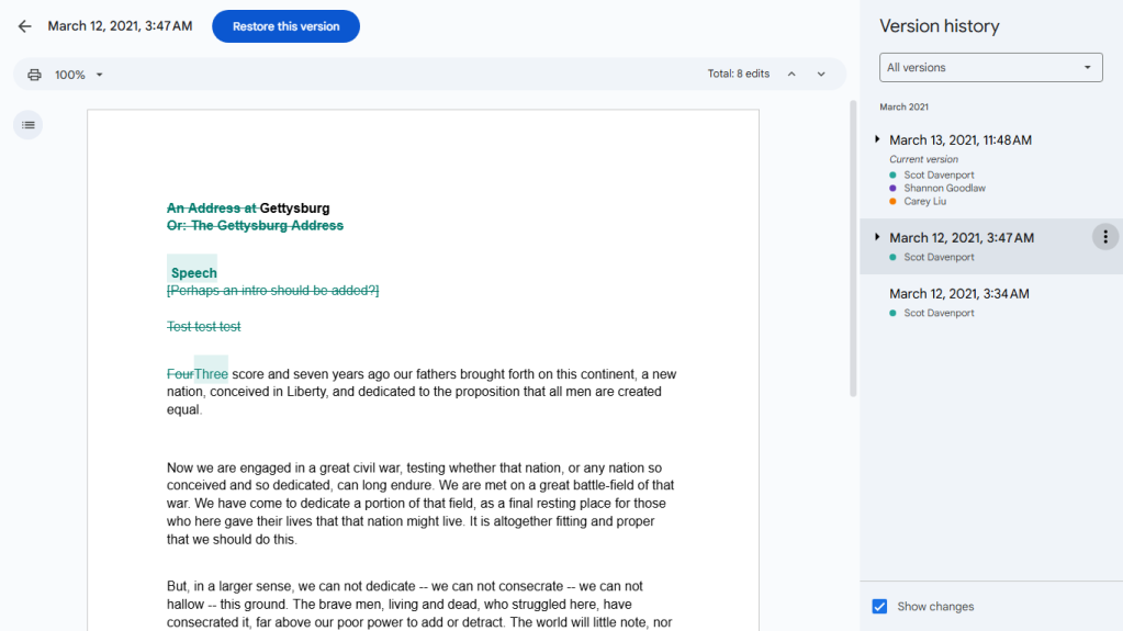 using version history in google docs to view an earlier version of document