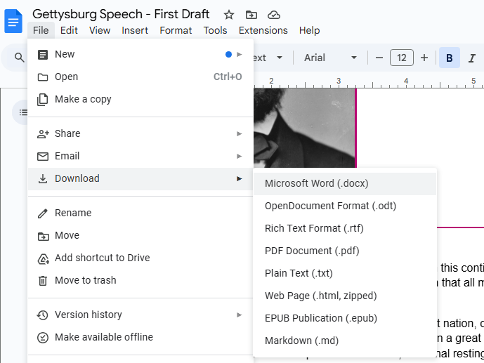 menu selections for exporting a google doc to microsoft word format