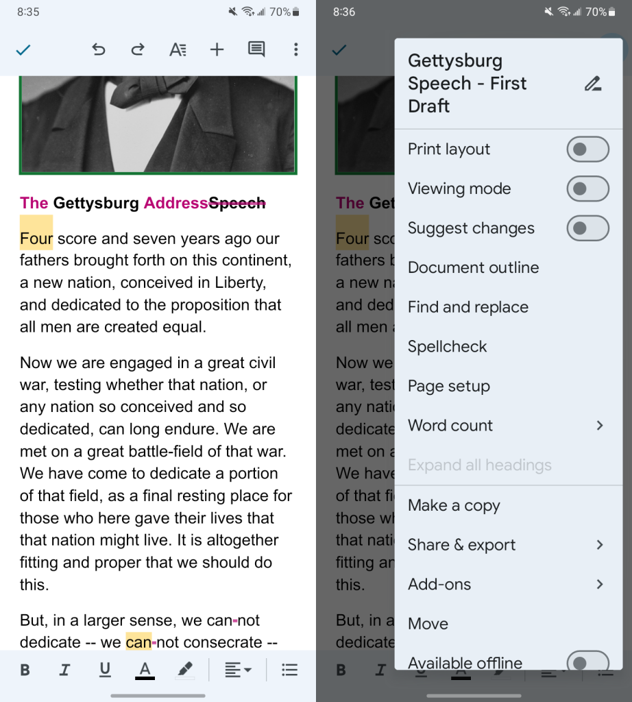 google docs android app showing document view and options menu