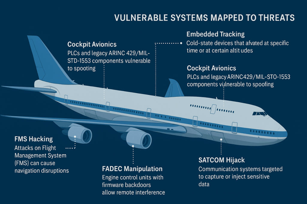 Diagram: Vulnerable airplane systems mapped to threats
