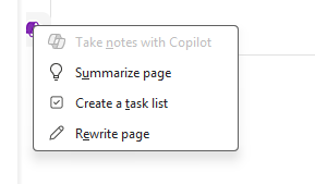 copilot popup menu that appears when you click its icon on a onenote page