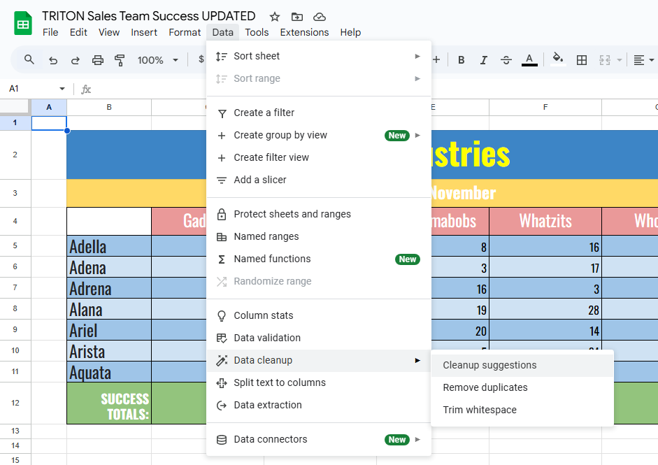 google sheets data menu selected showing long list of options