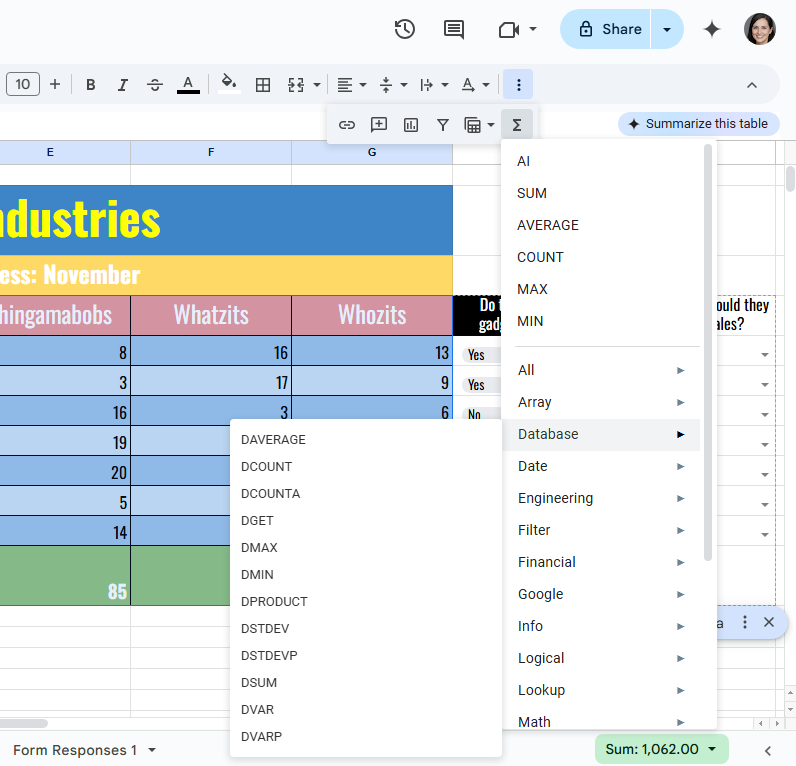 google sheets functions menu with long list of functions showing