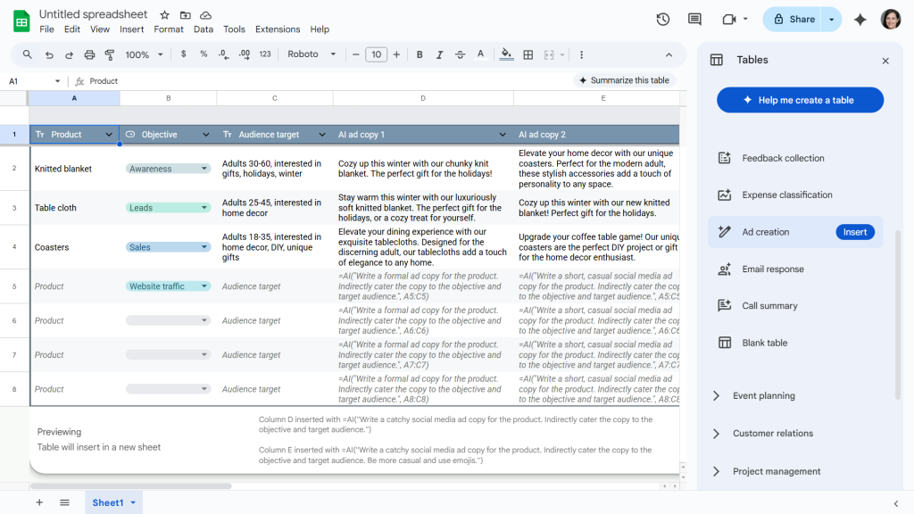 google sheets window with tables panel open on right and pre-built table in main area