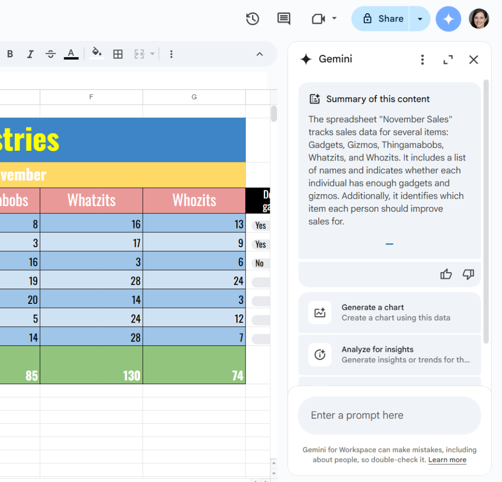 google sheets gemini sidebar with summary of spreadsheet