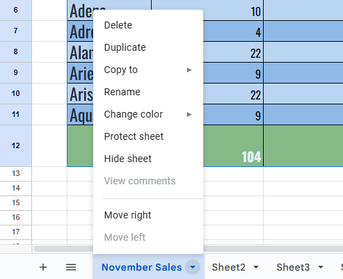 google sheets tab menu