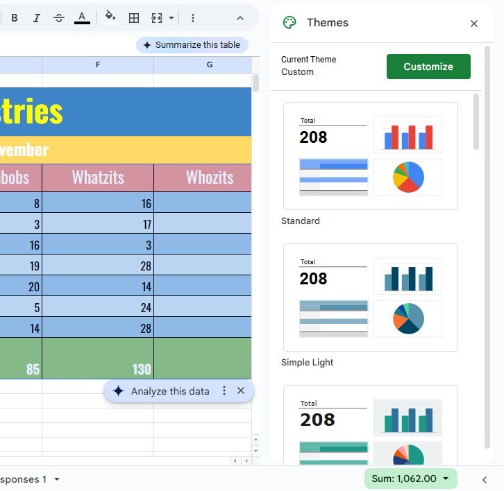 google sheets themes panel with three themes visible