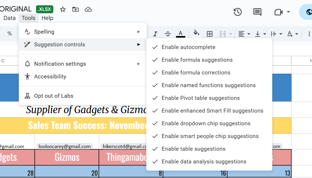 google sheets suggestion controls menu with numerous options to click off