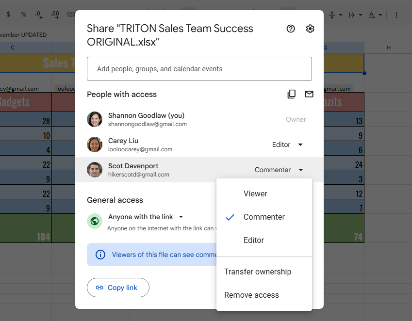sharing permissions screen for a spreadsheet in sheets
