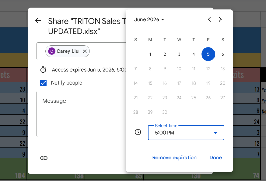screen for setting expiration date for shared file in sheets