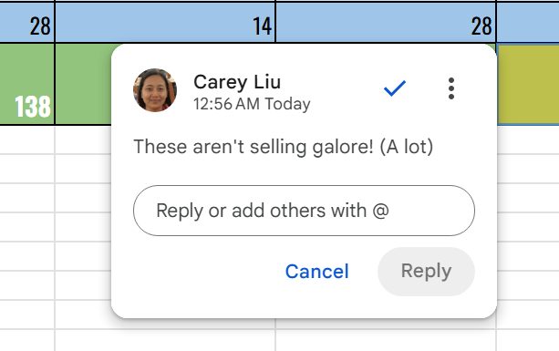 typing response to comment in google sheets
