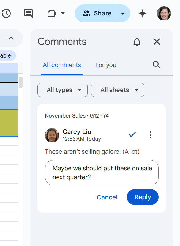 comments pane in google sheets showing comment and response