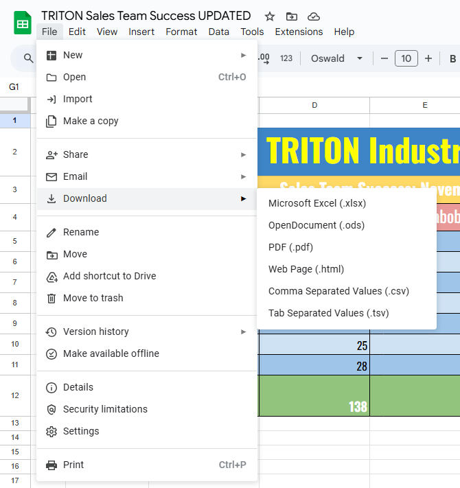 google sheets download menu with different file format options
