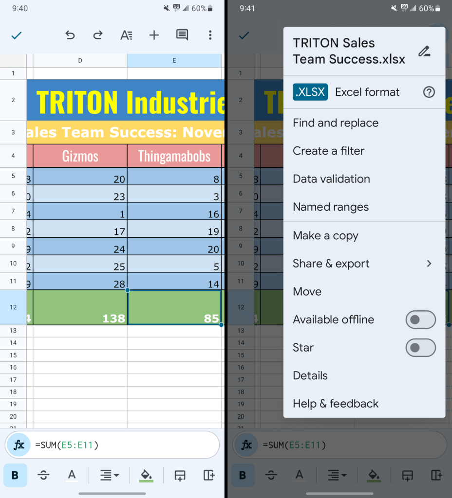 main screen and quick actions menu in google sheets android app