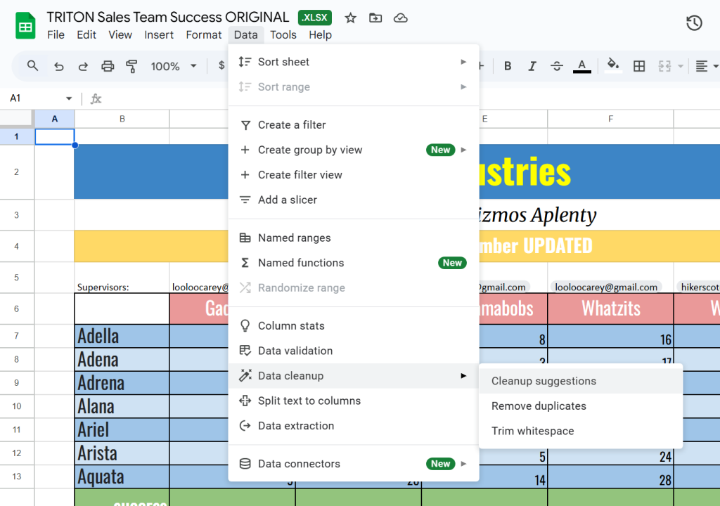 data cleanup menu in google sheets