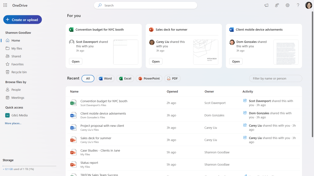 home screen in onedrive for web showing for you section and list of recent files below
