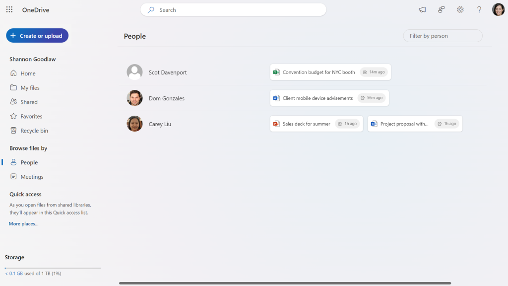 people view in onedrive for web showing people and files they have shared with you