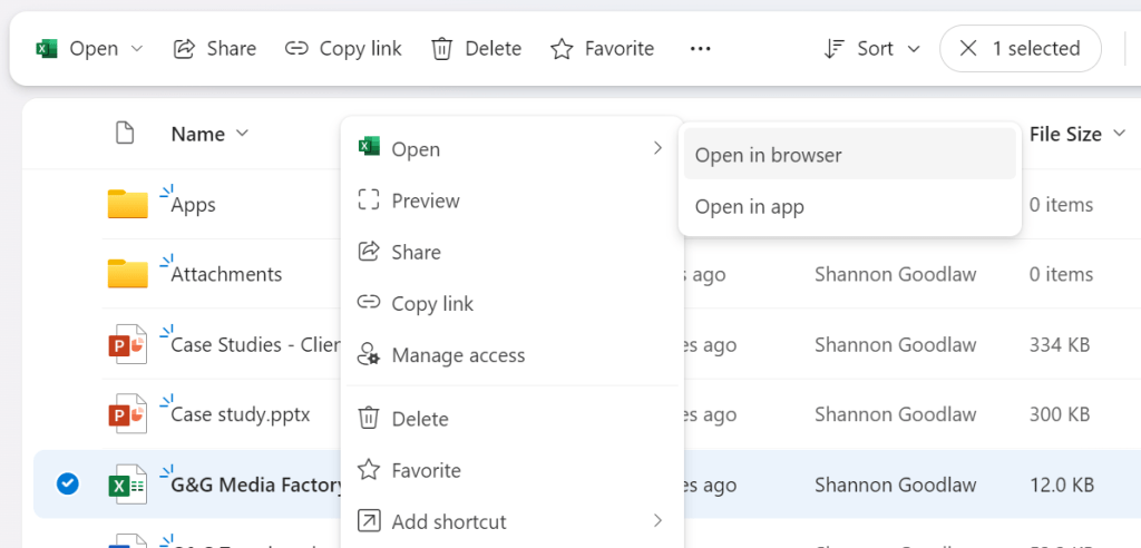 excel file selected in onedrive for web with open in app option showing in menu