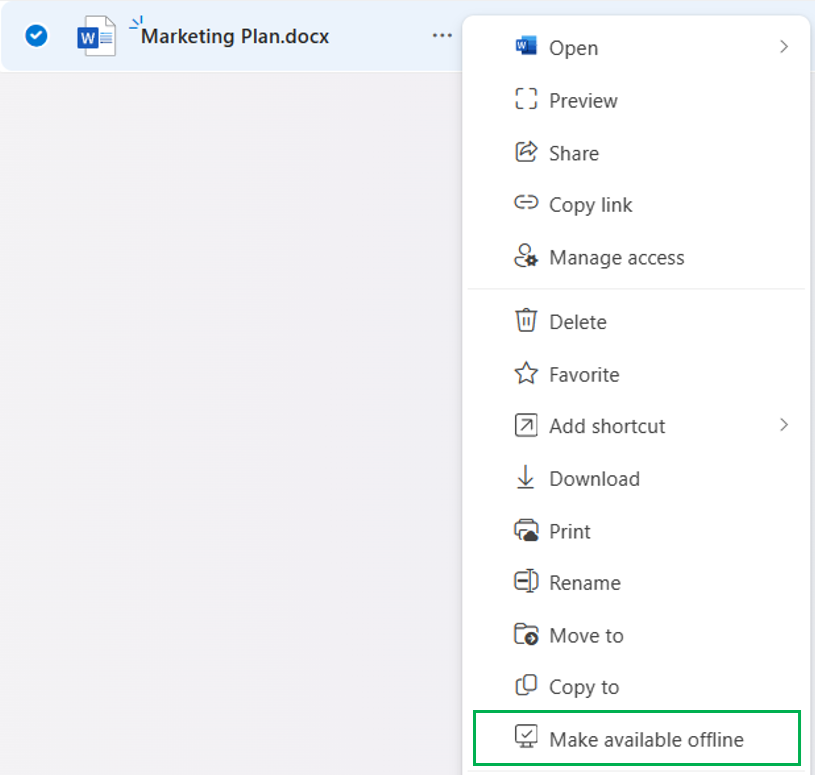 file in onedrive for web with make available offline selected in pop-up menu