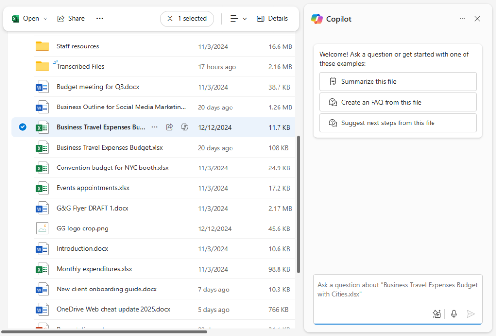 copilot chat pane to the right of selected file in onedrive for web