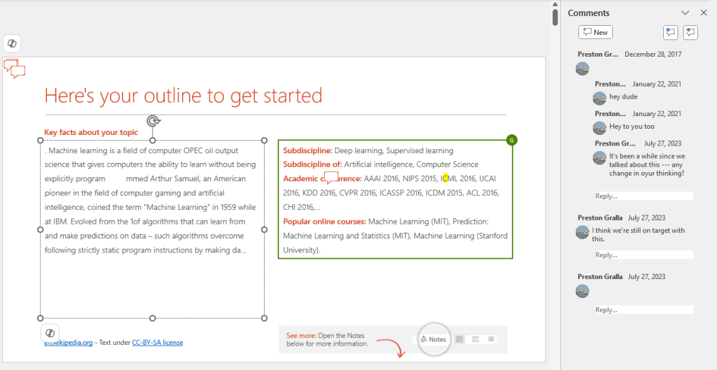 presentation showing collaborator colors and comments pane in powerpoint for windows